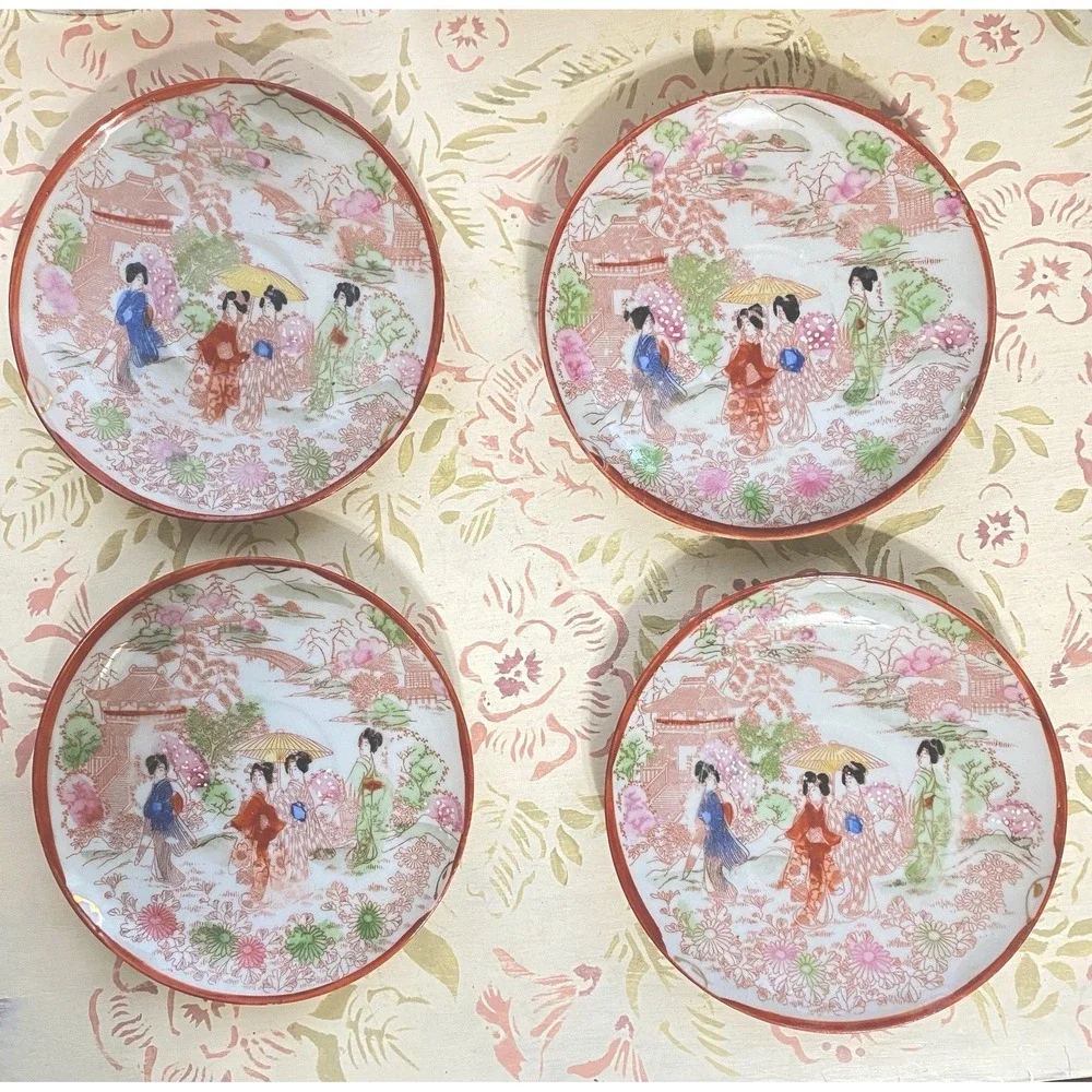1920s Geisha Ware Plates Set Of 4 Eggshell Porcelain Marked Japan 5 1/2